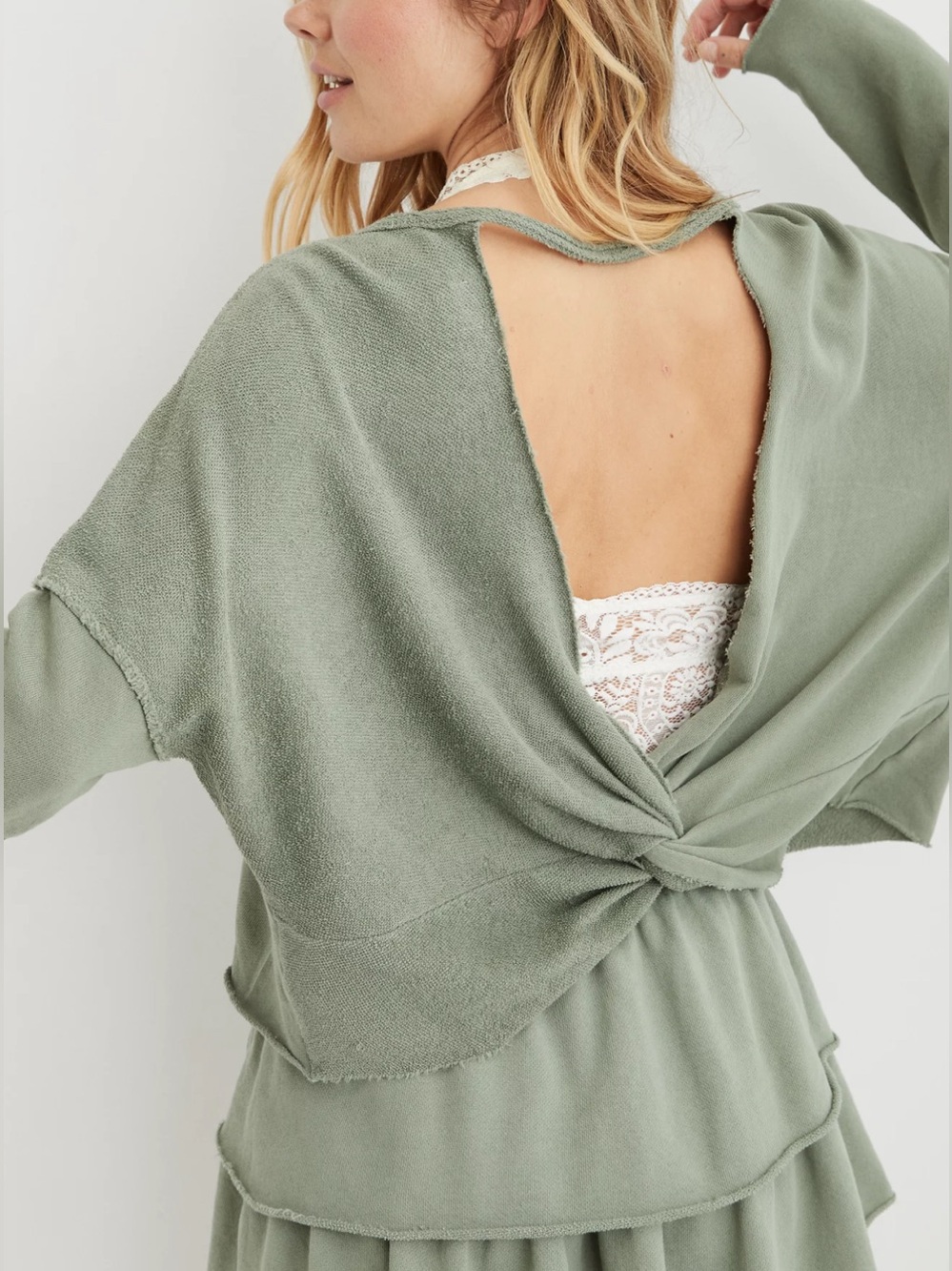 Aerie Weekend Pretty Back Sweatshirt Size XS Sage Green Open Back